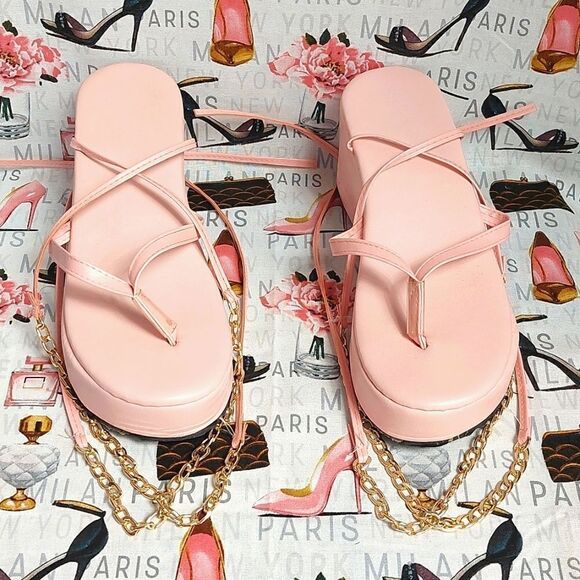 Strappy Pink Wedge Sandals - Picture 1 of 5